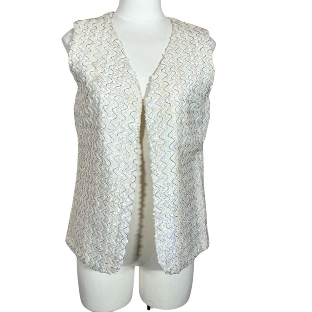 Cream Silver Sequin Vest 1960s 70s Disco Go Go Funky Zigzag Striped Glitter